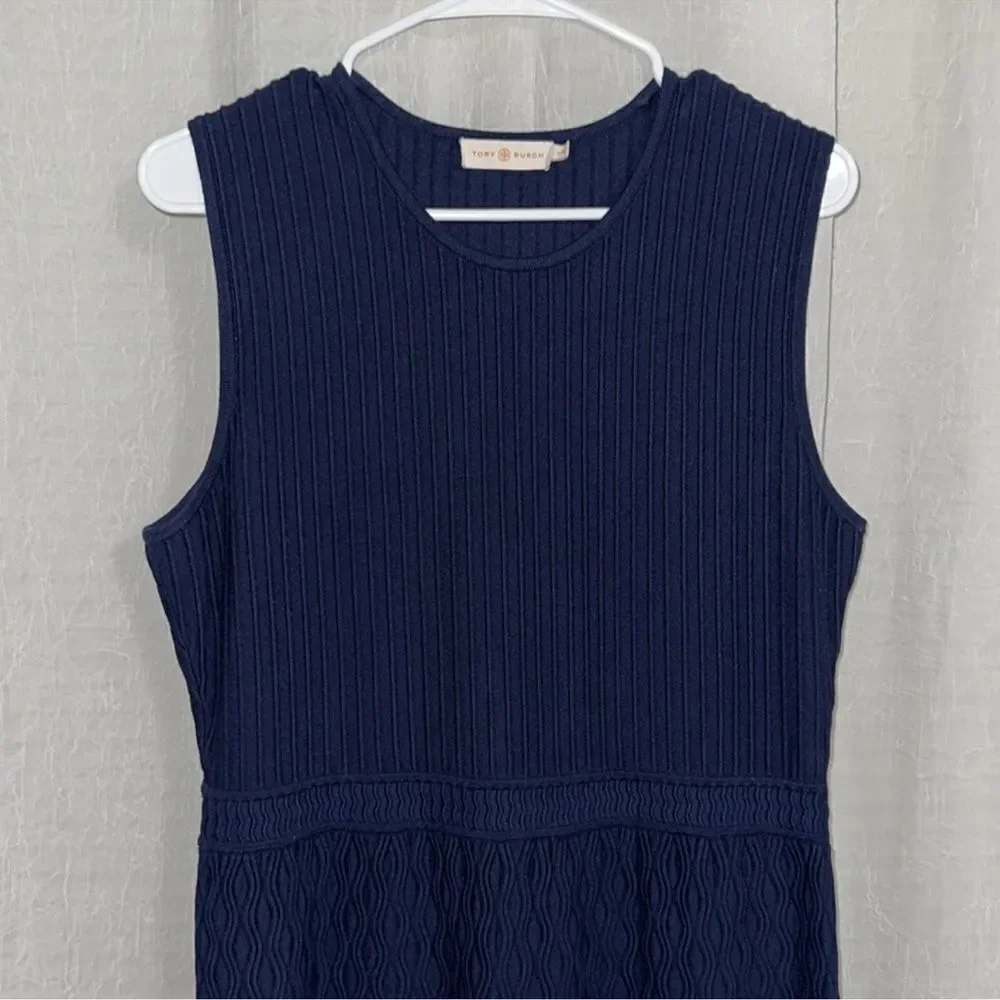 Tory Burch L LIAM Navy Knit Fit-and-Flare Textured Sleeves Dress
